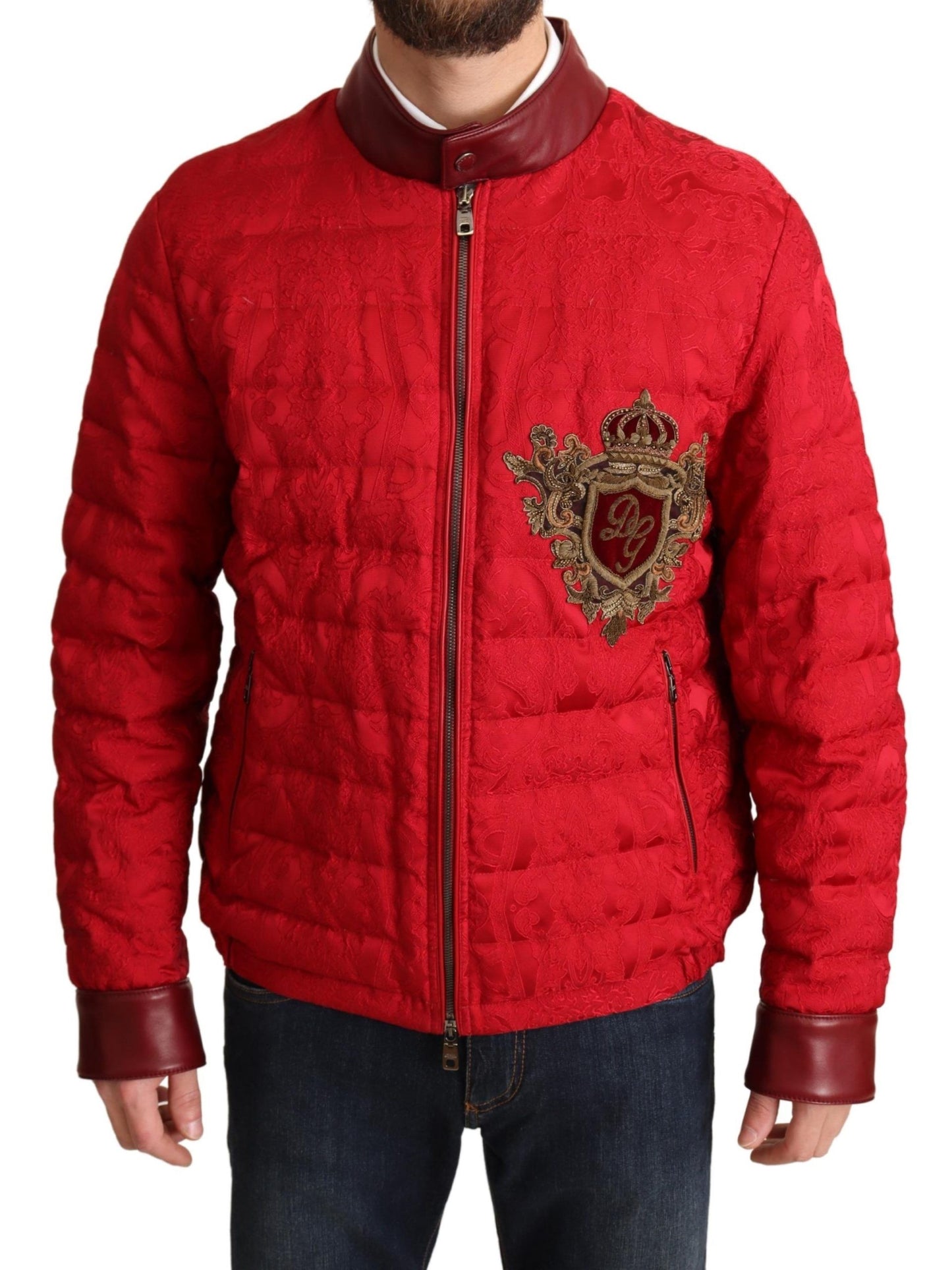 Dolce &amp; Gabbana – Bomberjacke aus rotem Brokat mit goldenem Kronenlogo