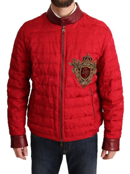 Dolce &amp; Gabbana – Bomberjacke aus rotem Brokat mit goldenem Kronenlogo