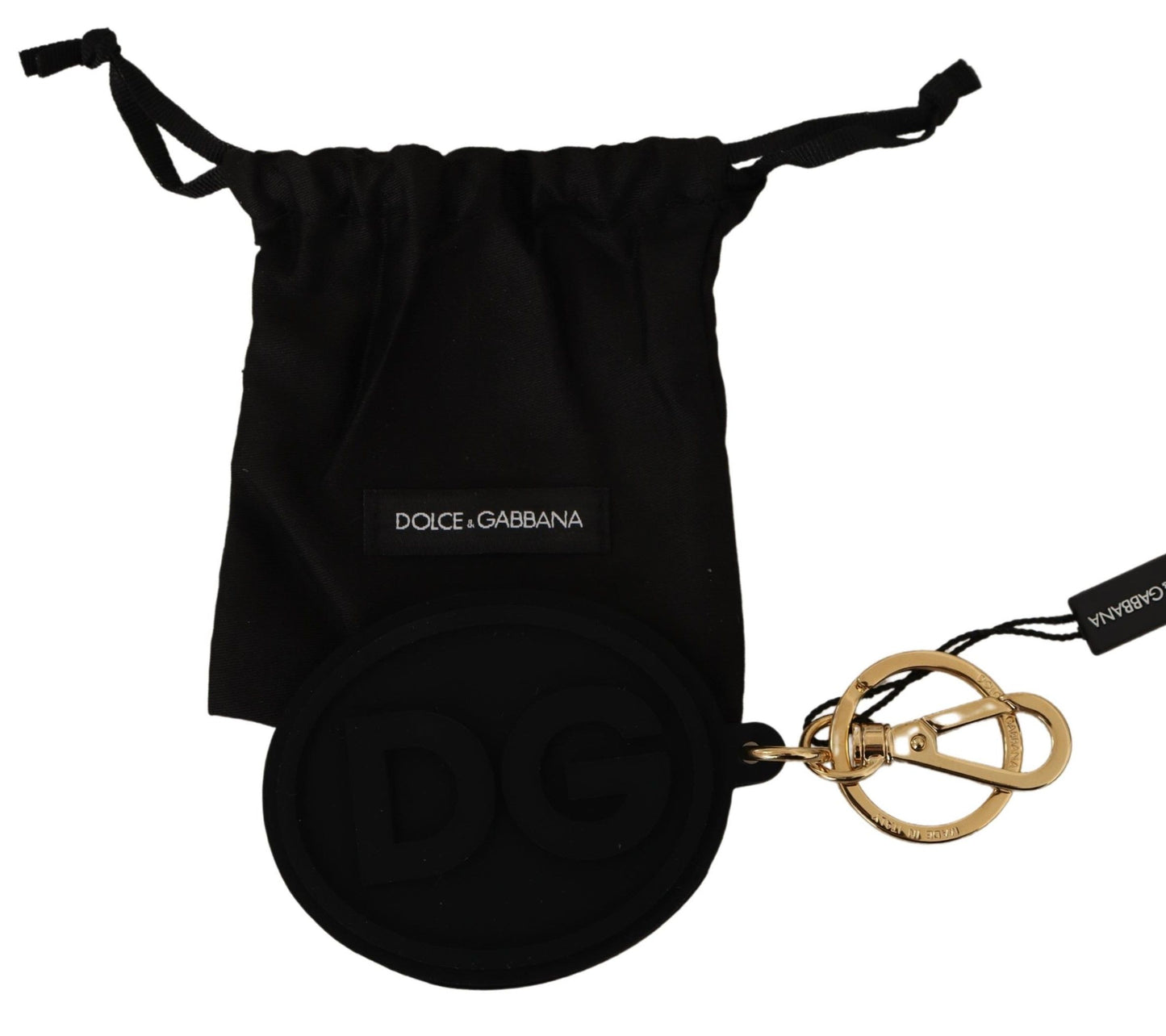 Dolce &amp; Gabbana Schlüsselanhänger mit DG-Logo aus schwarzem Gummi und goldenem Messing
