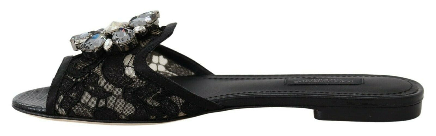 Dolce &amp; Gabbana – Schwarze Taormina-Schuhe mit Spitzenbesatz und Kristallen