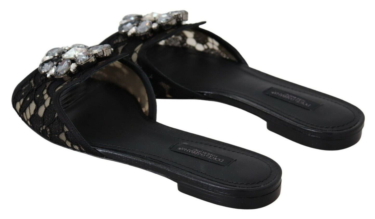 Dolce &amp; Gabbana – Schwarze Taormina-Schuhe mit Spitzenbesatz und Kristallen