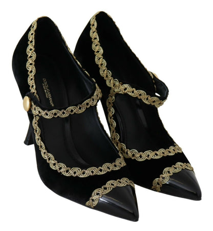 Dolce &amp; Gabbana – Schwarze Mary-Jane-Pumps aus verziertem Samt