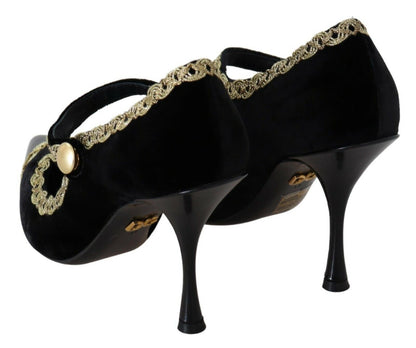 Dolce &amp; Gabbana – Schwarze Mary-Jane-Pumps aus verziertem Samt