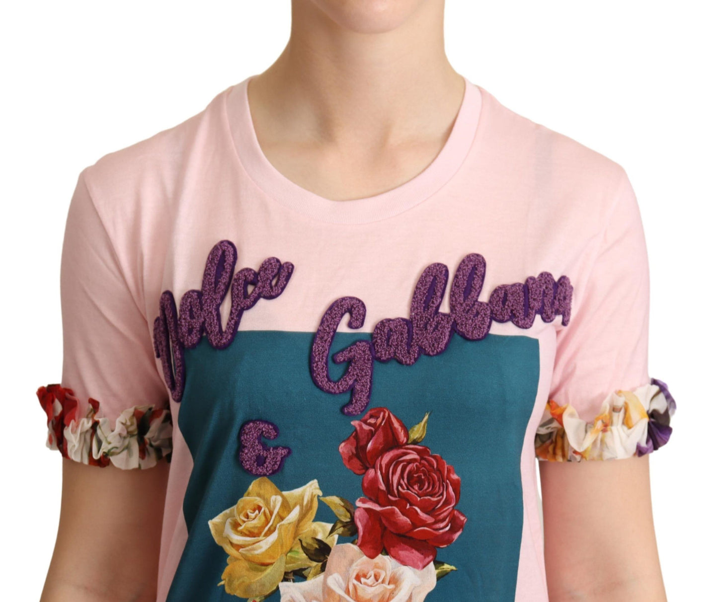Dolce &amp; Gabbana – Rosafarbenes Baumwoll-T-Shirt mit Rundhalsausschnitt und Rosenmotiv