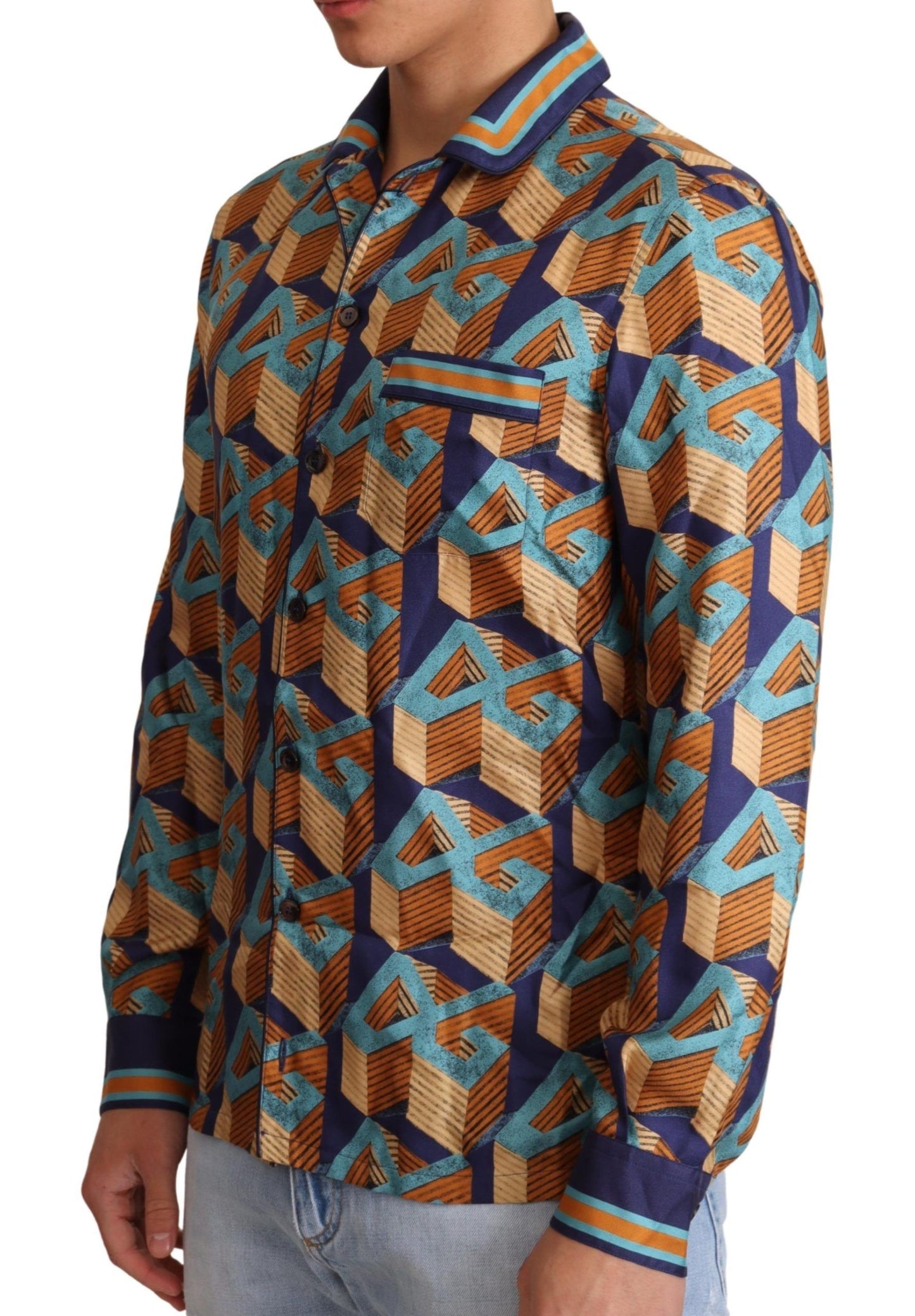 Dolce &amp; Gabbana Herren-Oberhemd aus Seide mit mehrfarbigem DG-Logo