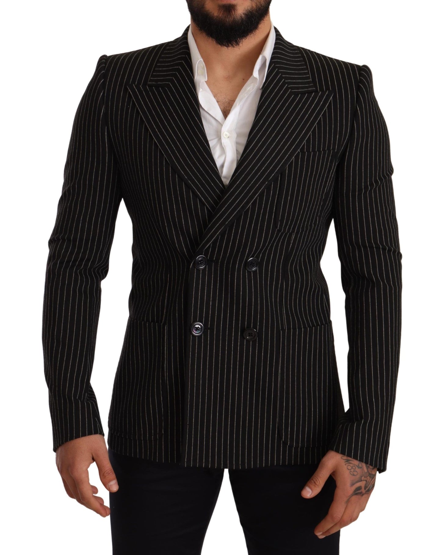 Dolce &amp; Gabbana – Schwarz-weiß gestreifter Slim-Fit-Mantelblazer