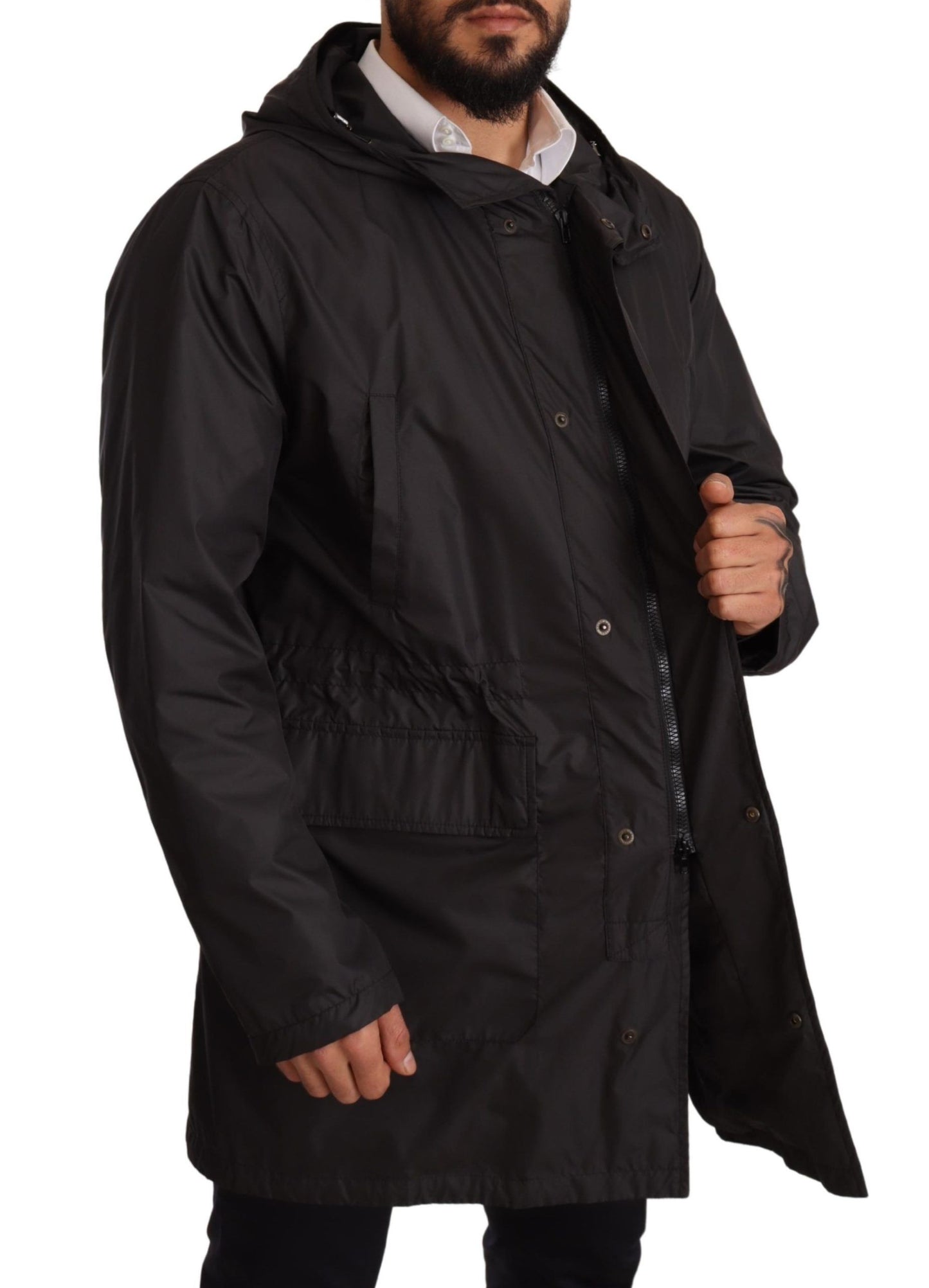 Dolce &amp; Gabbana Schwarze Herren-Trenchcoatjacke mit Kapuze
