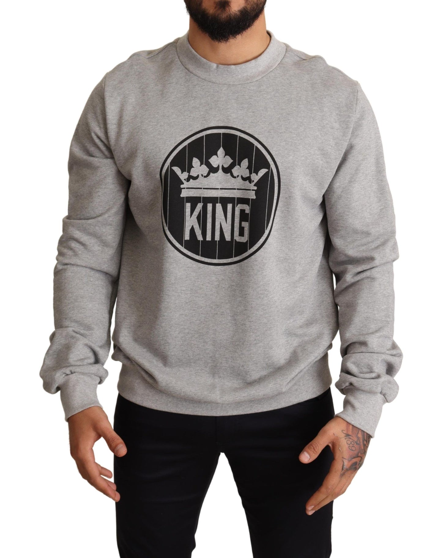 Dolce &amp; Gabbana Grauer Baumwollpullover mit Crown King-Print