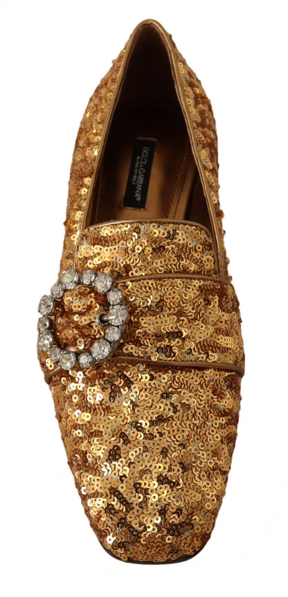 Dolce &amp; Gabbana – Flache Loafer-Schuhe mit goldenen Pailletten und Kristallen für Damen