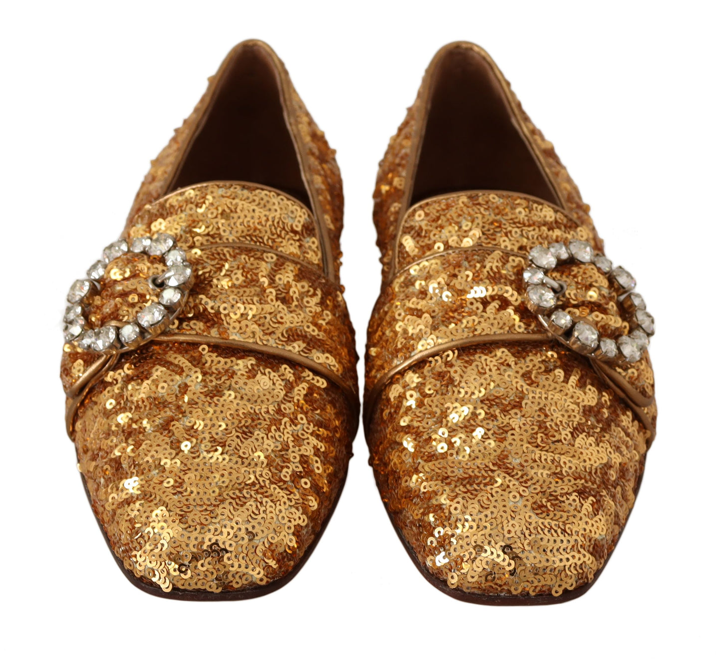 Dolce &amp; Gabbana – Flache Loafer-Schuhe mit goldenen Pailletten und Kristallen für Damen