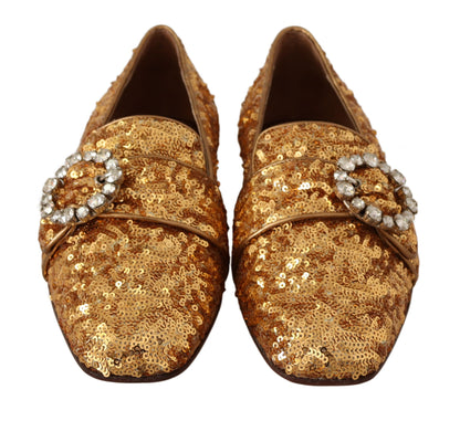 Dolce &amp; Gabbana – Flache Loafer-Schuhe mit goldenen Pailletten und Kristallen für Damen