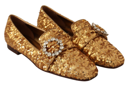 Dolce &amp; Gabbana – Flache Loafer-Schuhe mit goldenen Pailletten und Kristallen für Damen