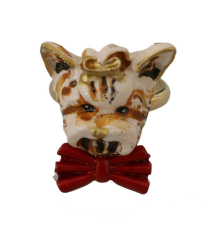 Dolce &amp; Gabbana Gold Messing Harz Beige Hund Haustier Marke Accessoire Ring