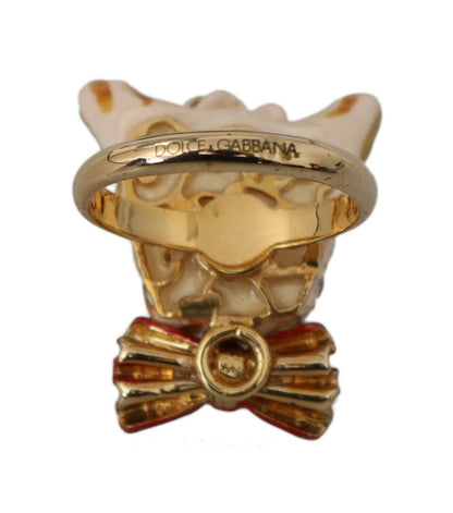 Dolce &amp; Gabbana Gold Messing Harz Beige Hund Haustier Marke Accessoire Ring