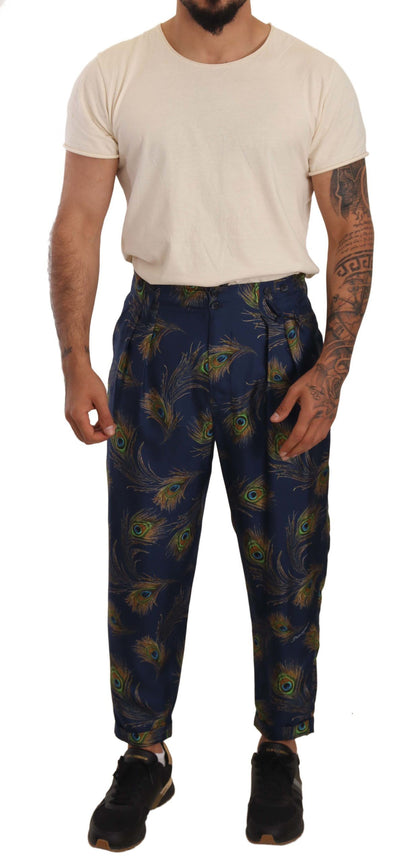 Dolce &amp; Gabbana – Karottenhose aus Seide mit blauem Pfauenmuster
