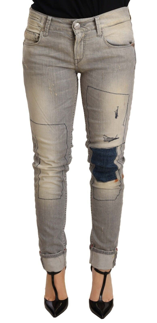 Acht Graue Slim Fit Jeanshose aus Baumwolle mit umgeschlagenem Saum für Damen