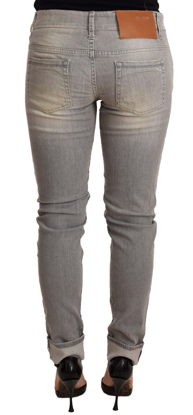 Acht Graue Slim Fit Jeanshose aus Baumwolle mit umgeschlagenem Saum für Damen