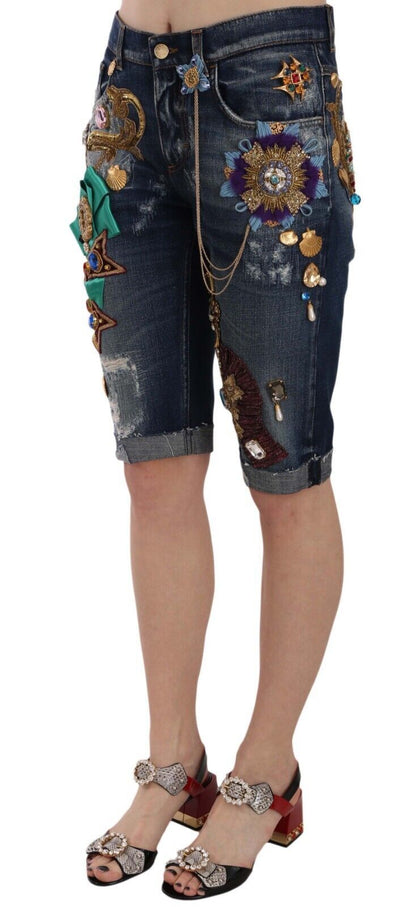 Dolce &amp; Gabbana – Capri-Shorts aus blauem Denim mit mittlerer Taille und Kristallen