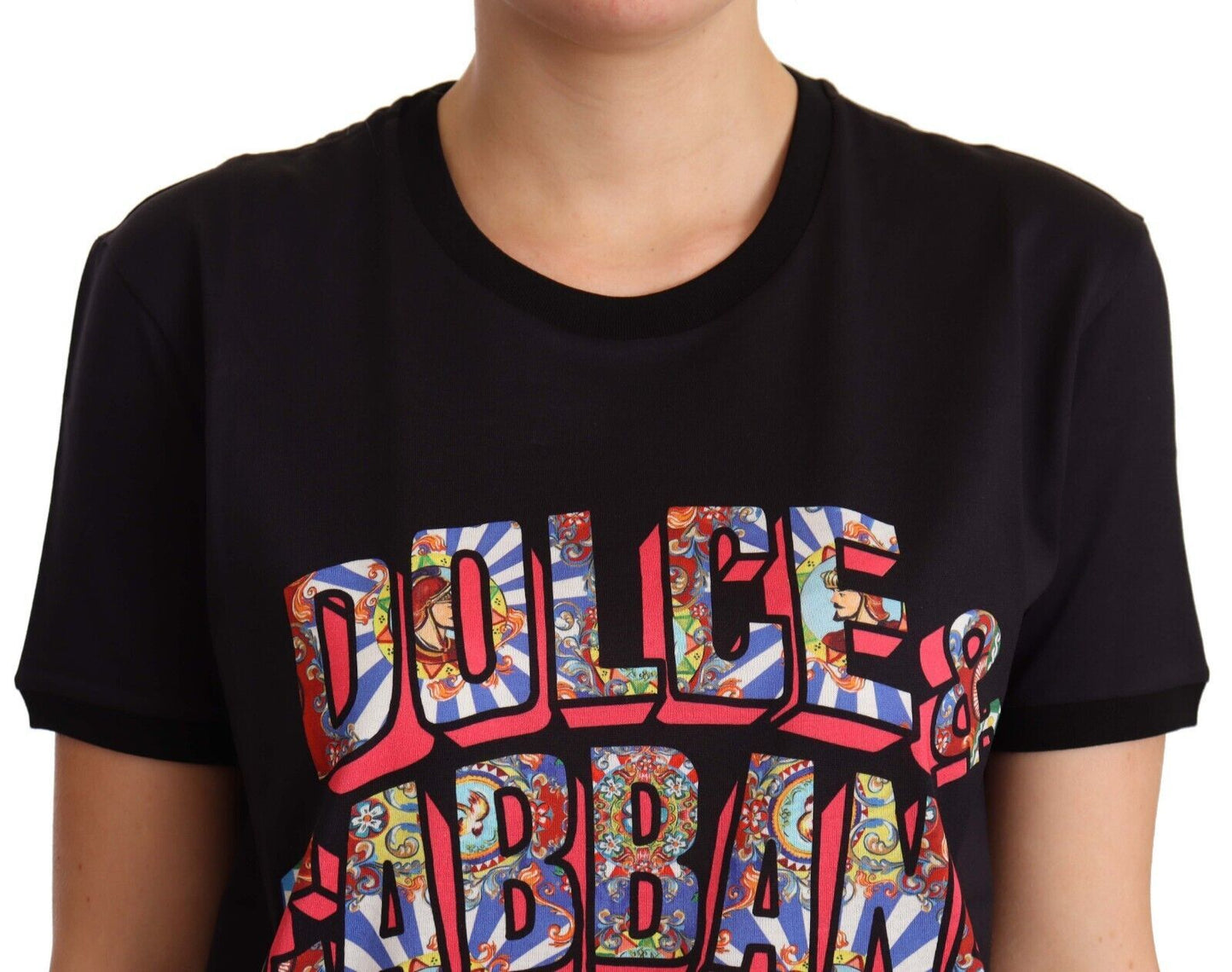 Dolce &amp; Gabbana – Schwarzes T-Shirt mit Rundhalsausschnitt und großem Aufdruck aus Baumwolle