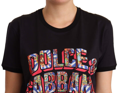 Dolce &amp; Gabbana – Schwarzes T-Shirt mit Rundhalsausschnitt und großem Aufdruck aus Baumwolle