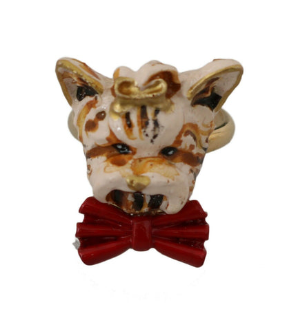 Dolce &amp; Gabbana Beige Hunde-Markenaccessoire aus goldfarbenem Messing und Harz