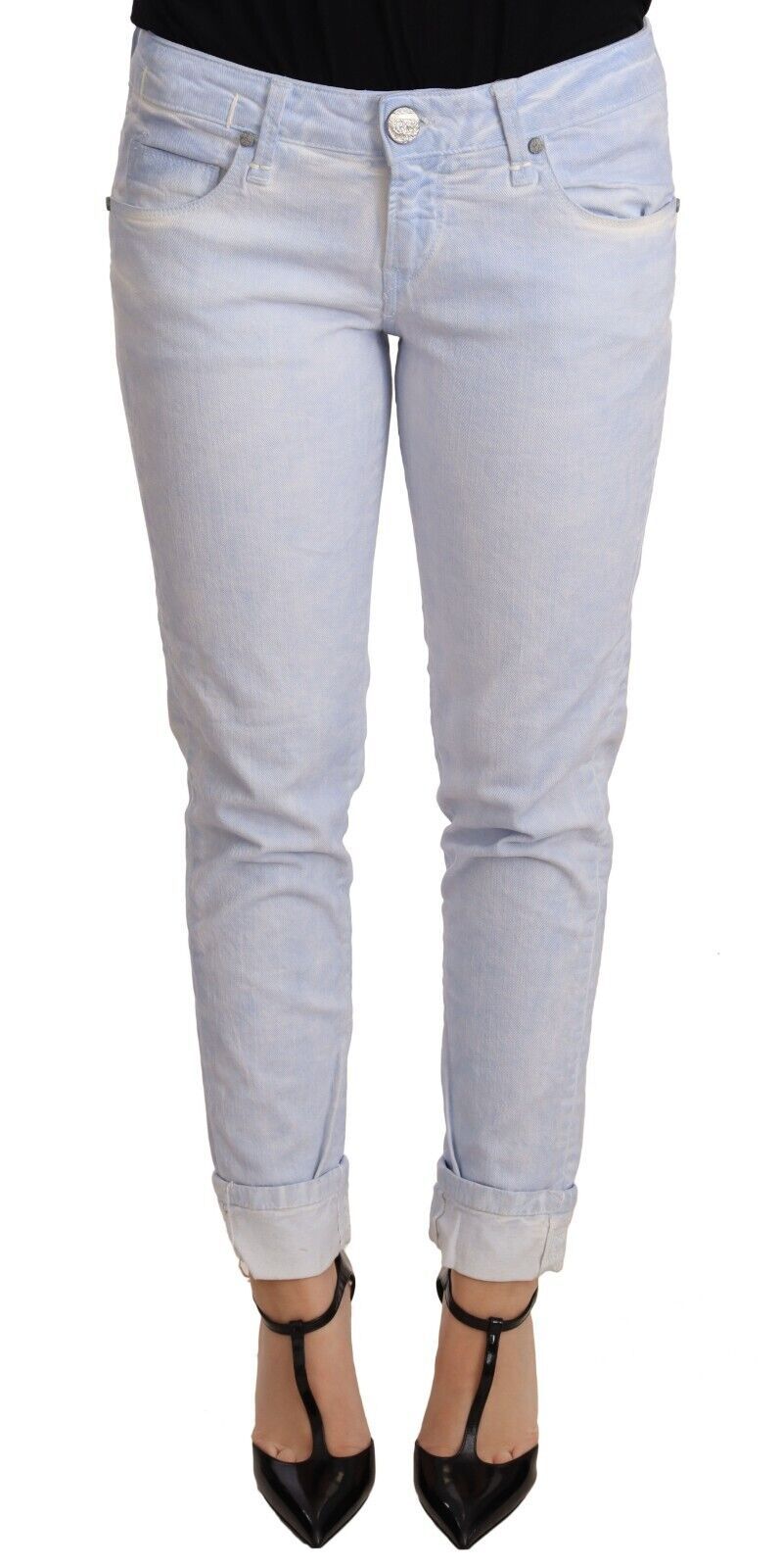 Acht Hellblaue Skinny Jeans aus Baumwolle mit umgeschlagenem Saum für Damen