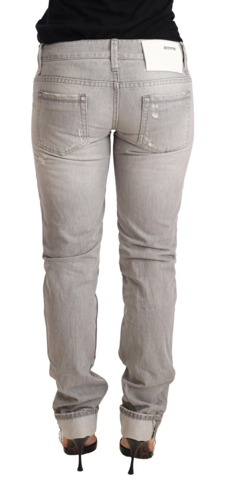Acht – Graue, zerfetzte Slim-Fit-Jeans aus Baumwolle mit umgeschlagenem Saum für Damen