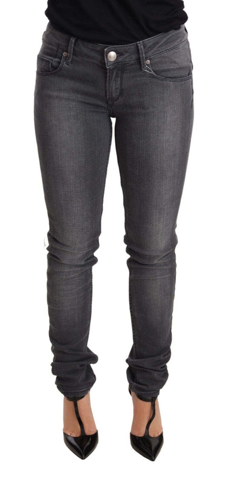 Acht Graue, gewaschene Baumwolle, Slim Fit, niedrige Taille, Damen-Jeans