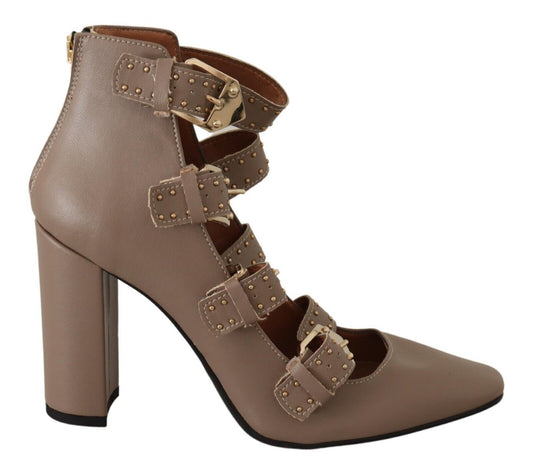 MY TWIN – Pumps aus braunem Leder mit Blockabsatz und mehreren Schnallen