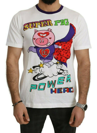 Dolce &amp; Gabbana Weißes Baumwoll-Top „Super Power Pig“ T-Shirt