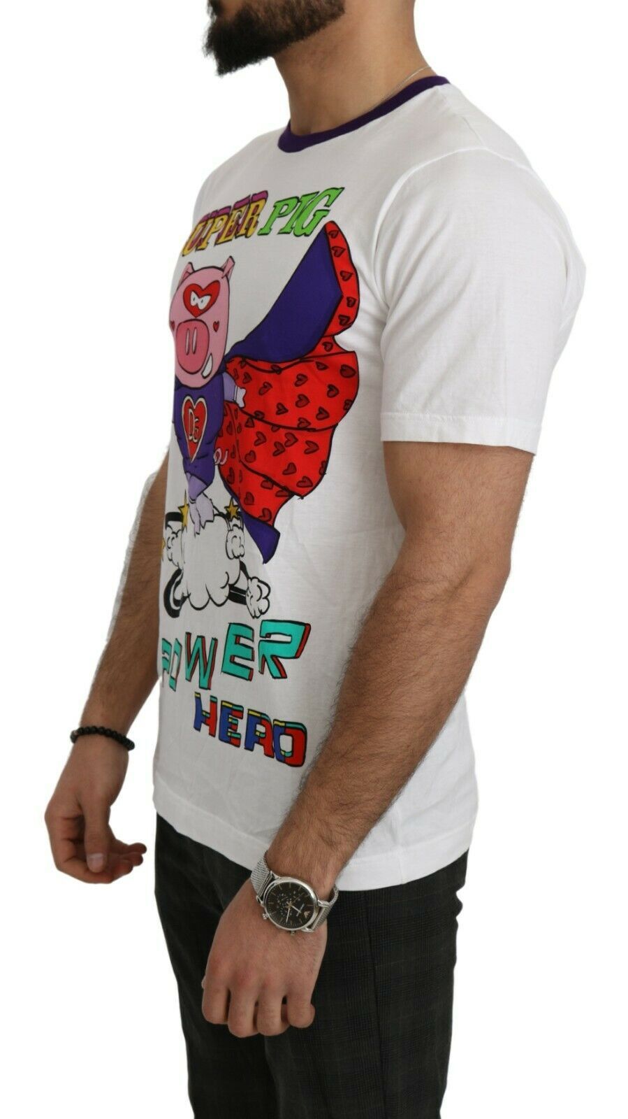 Dolce &amp; Gabbana Weißes Baumwoll-Top „Super Power Pig“ T-Shirt