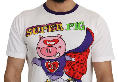 Dolce &amp; Gabbana Weißes Baumwoll-Top „Super Power Pig“ T-Shirt