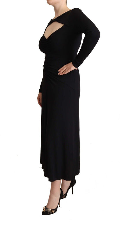 PINKO Black Nylon Stretch Long Sleeves Deep V-neck Maxi Dress