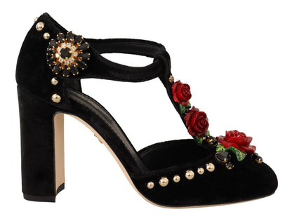 Dolce &amp; Gabbana Schwarze Mary Jane Pumps mit Rosen und Kristallen
