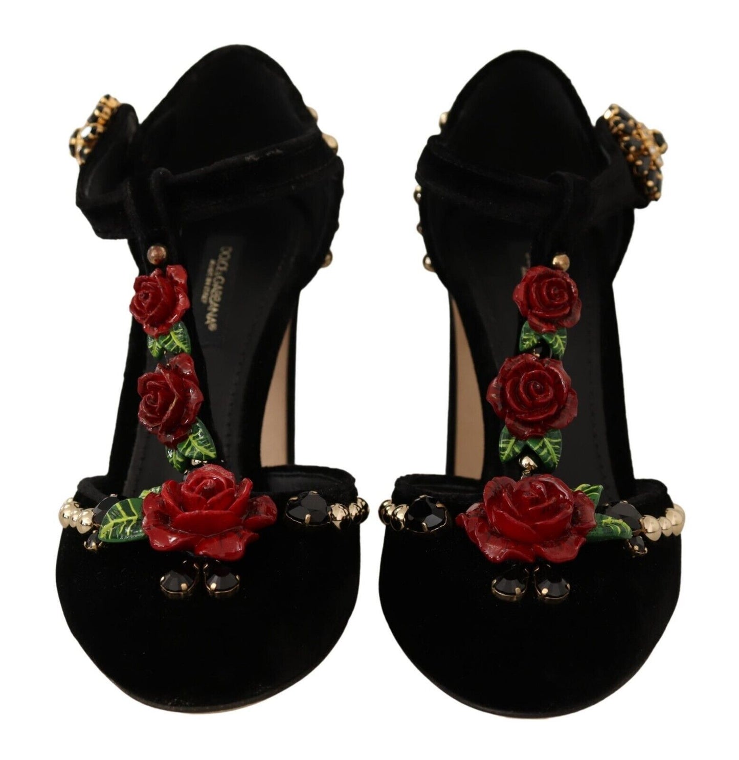 Dolce &amp; Gabbana Schwarze Mary Jane Pumps mit Rosen und Kristallen