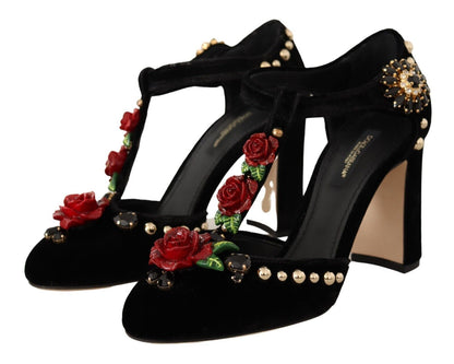 Dolce &amp; Gabbana Schwarze Mary Jane Pumps mit Rosen und Kristallen