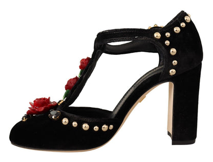 Dolce &amp; Gabbana Schwarze Mary Jane Pumps mit Rosen und Kristallen