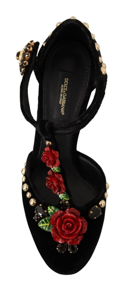Dolce &amp; Gabbana Schwarze Mary Jane Pumps mit Rosen und Kristallen