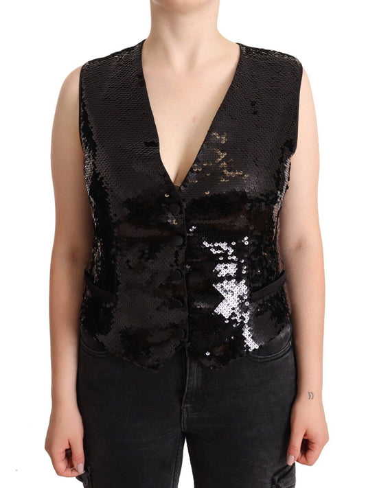 Dolce &amp; Gabbana – Schwarzes, ärmelloses Tanktop mit V-Ausschnitt und Pailletten