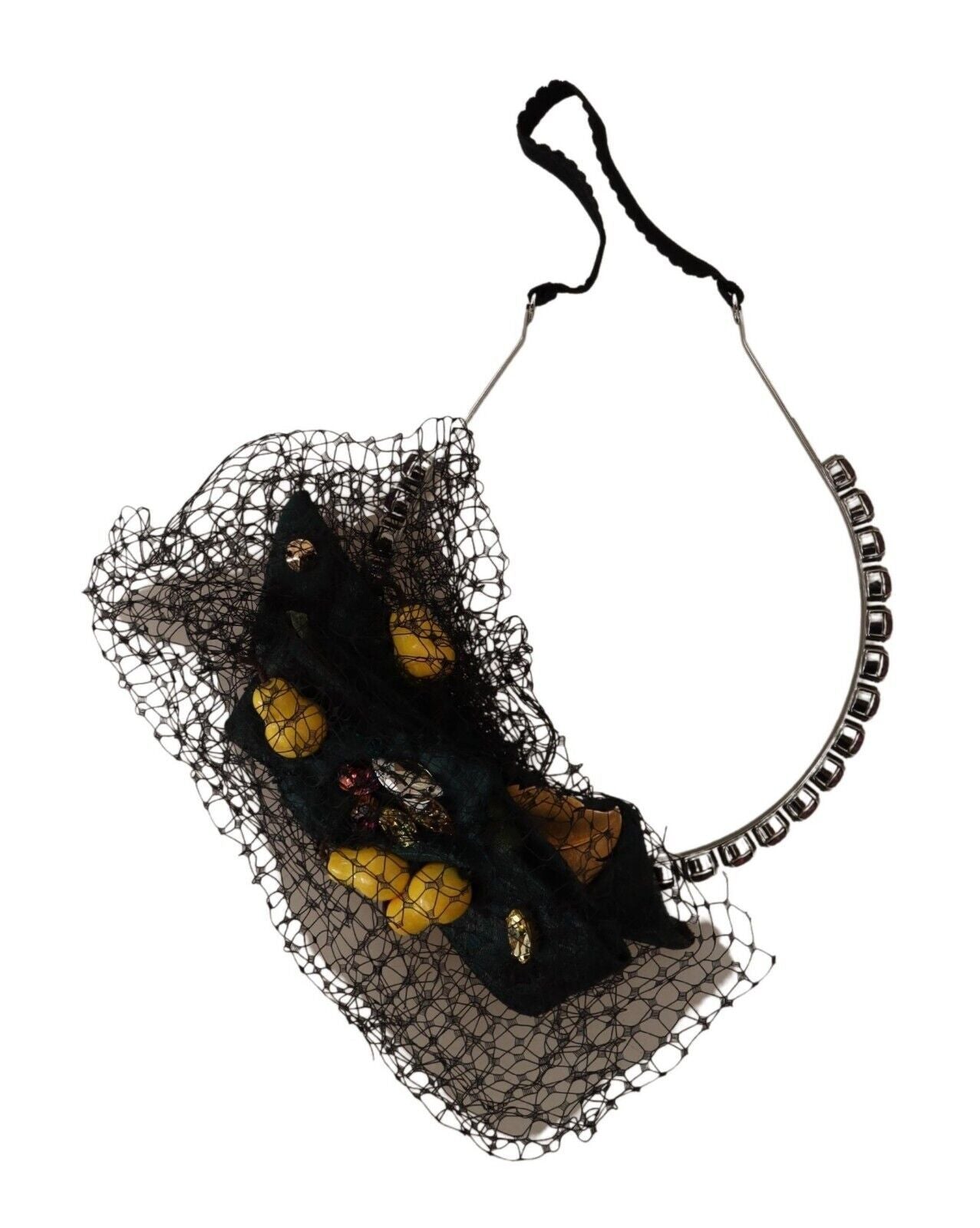Dolce &amp; Gabbana Silberne Tiara Kristalle Früchte Schwarzes Mesh Diadem Stirnband