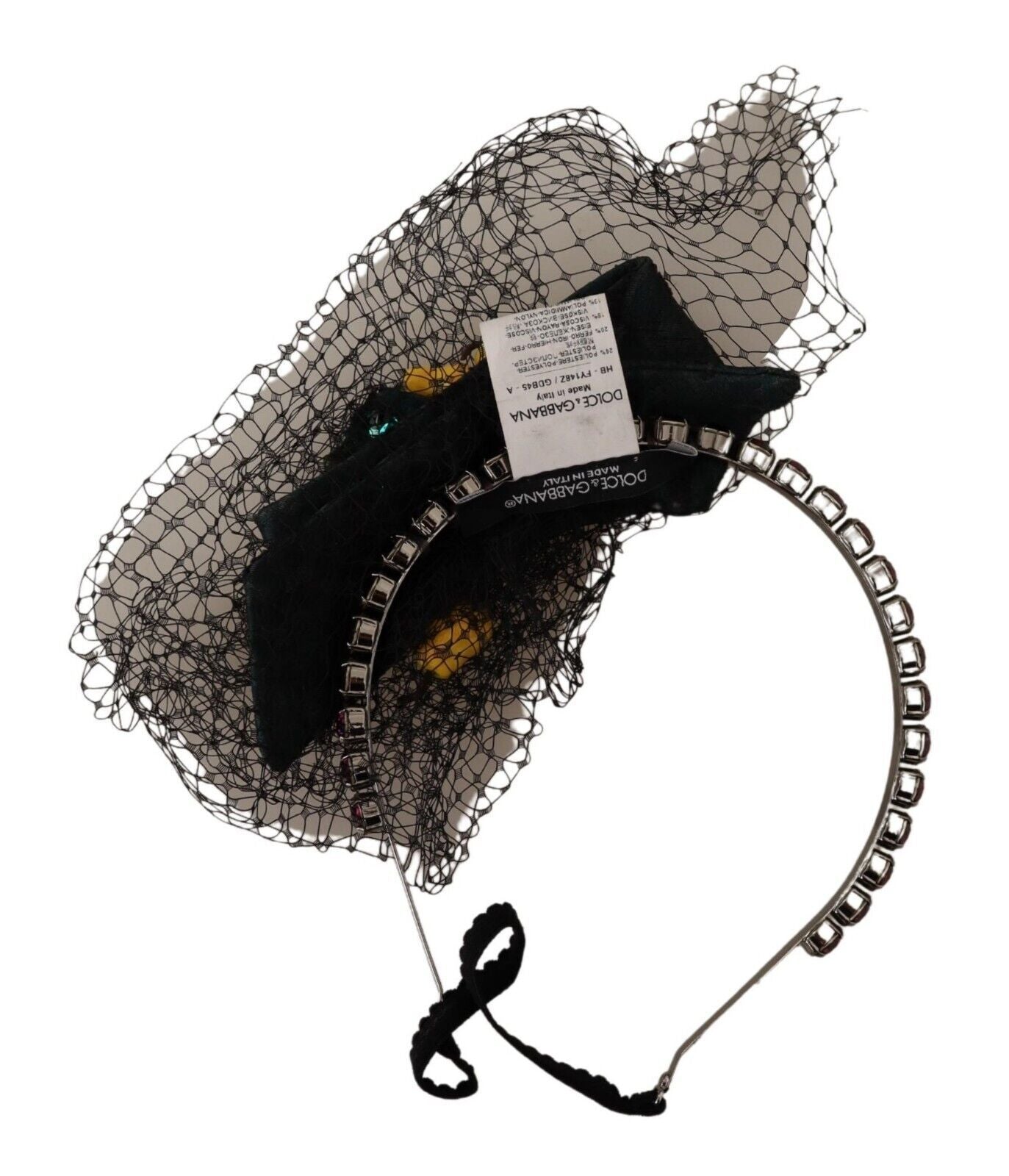Dolce &amp; Gabbana Silberne Tiara Kristalle Früchte Schwarzes Mesh Diadem Stirnband