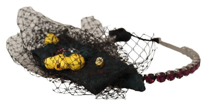 Dolce &amp; Gabbana Silberne Tiara Kristalle Früchte Schwarzes Mesh Diadem Stirnband