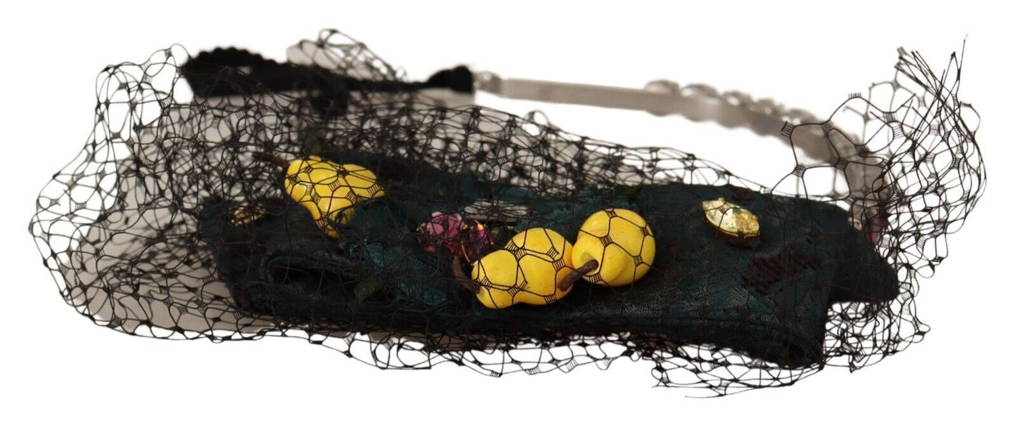 Dolce &amp; Gabbana Silberne Tiara Kristalle Früchte Schwarzes Mesh Diadem Stirnband