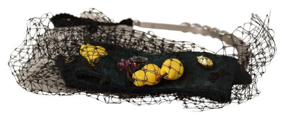 Dolce &amp; Gabbana Silberne Tiara Kristalle Früchte Schwarzes Mesh Diadem Stirnband