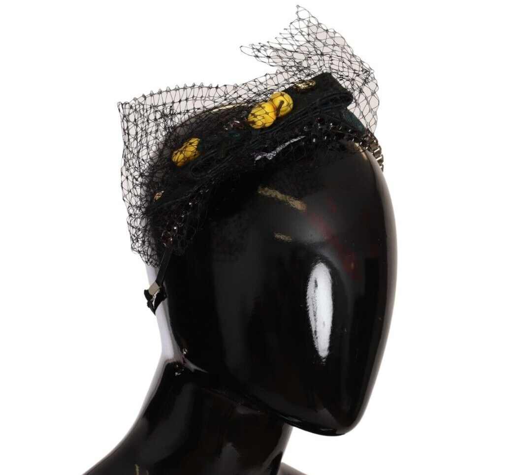 Dolce &amp; Gabbana Silberne Tiara Kristalle Früchte Schwarzes Mesh Diadem Stirnband