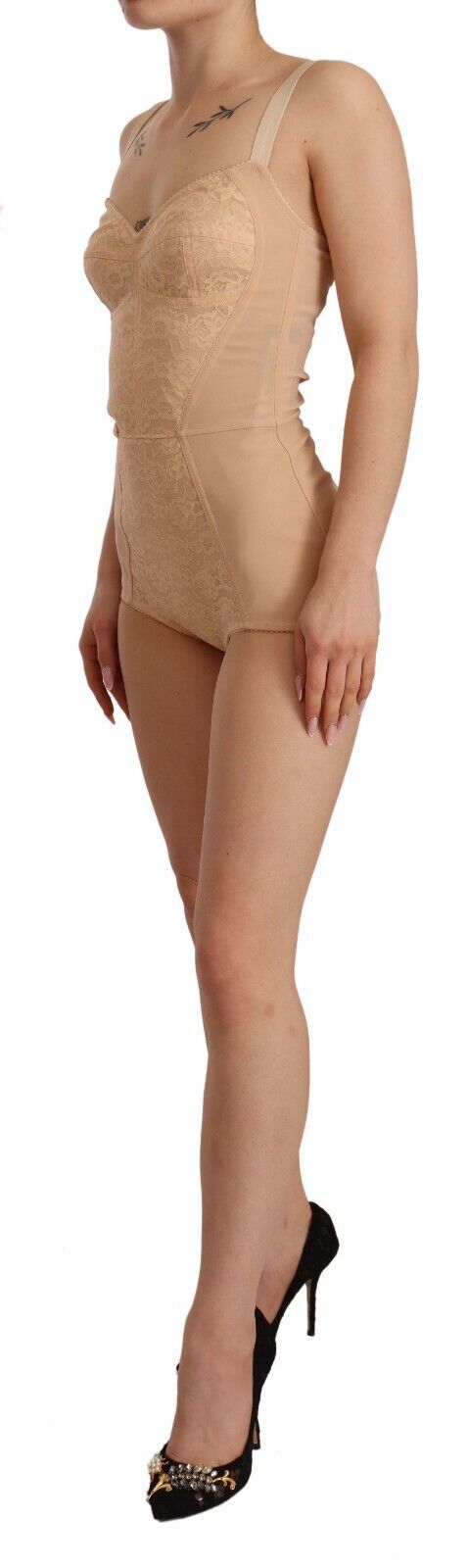 Dolce & Gabbana Beiger Nylon-Blütenbodysuit mit Spitze