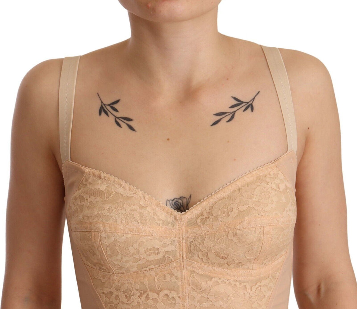 Dolce & Gabbana Beiger Nylon-Blütenbodysuit mit Spitze
