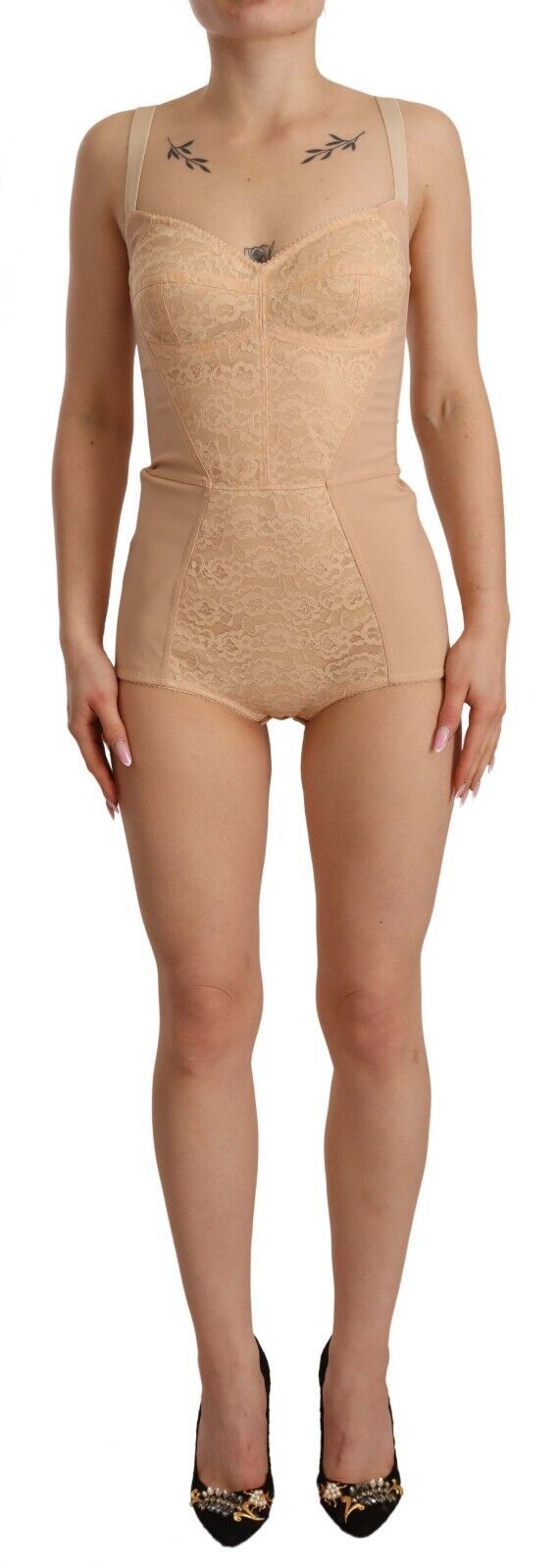 Dolce & Gabbana Beiger Nylon-Blütenbodysuit mit Spitze