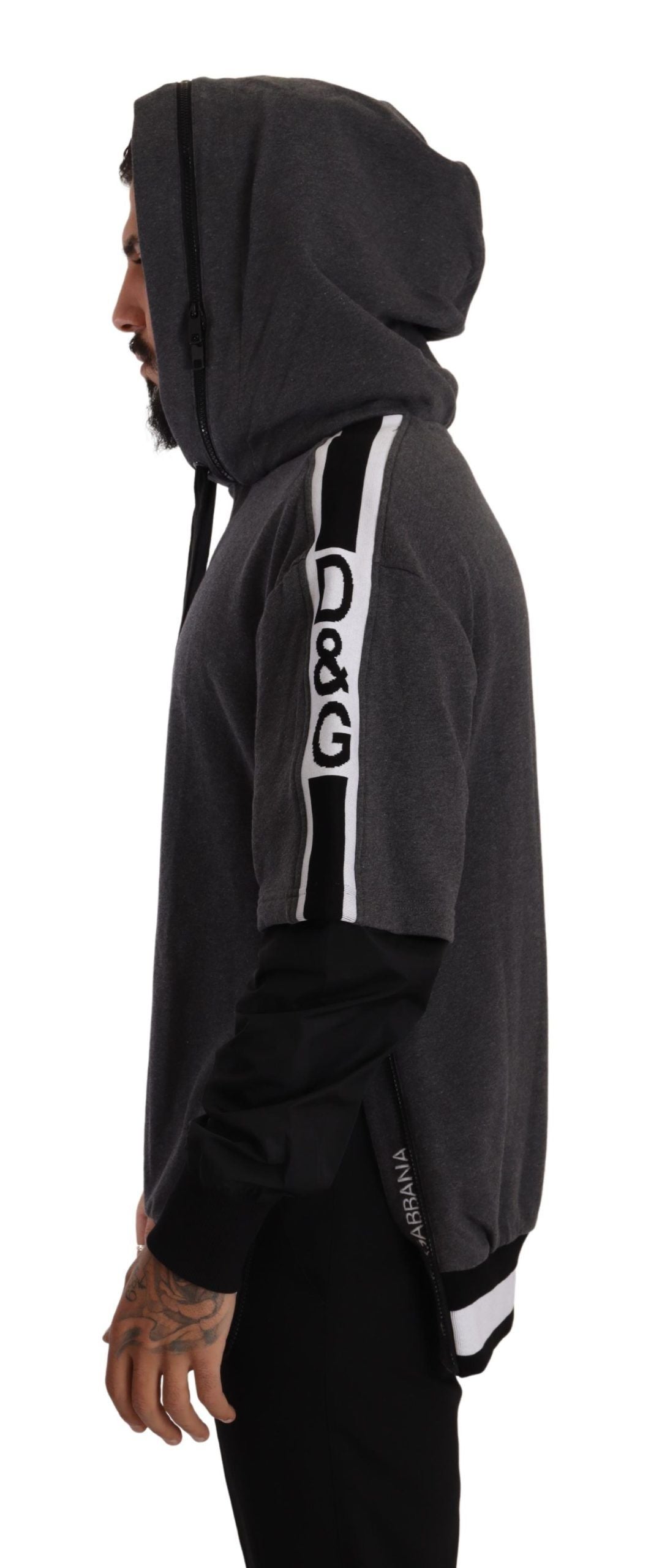 Dolce &amp; Gabbana Grau-Schwarzer Baumwollpullover mit Kapuze #DGMILLENNIALS