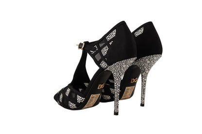 Dolce &amp; Gabbana Schwarze Kristalle T-Riemen Heels Pumps Schuhe